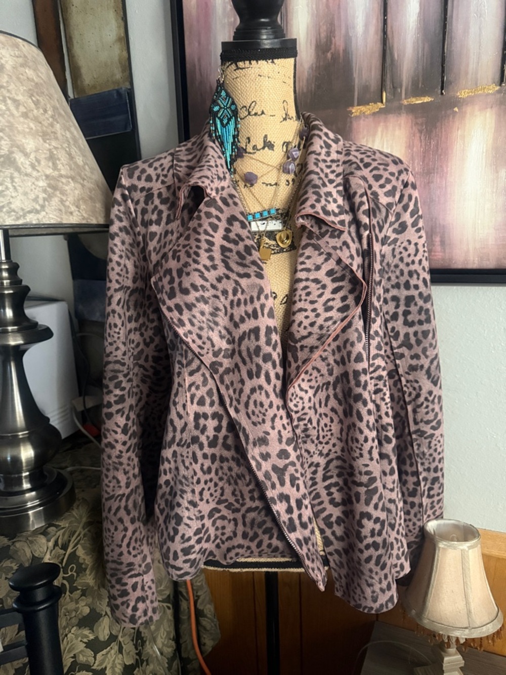 ODDY Pink Leopard Print Open-Front Moto Jacket